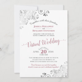 Lacy Silver Dusty Roos & White Virtual Wedding Kaart