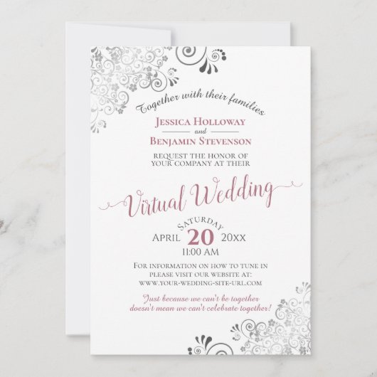 Lacy Silver Dusty Roos & White Virtual Wedding Kaart (Voorkant)