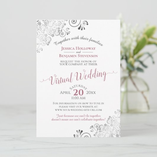 Lacy Silver Dusty Roos & White Virtual Wedding Kaart (Staand voorkant)