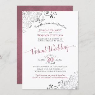 Lacy Silver Dusty Roos & White Virtual Wedding Kaart