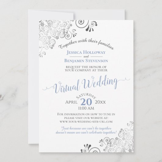 Lacy Silver Elegant Blue & White Virtual Wedding Kaart (Voorkant)
