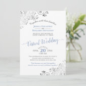 Lacy Silver Elegant Blue & White Virtual Wedding Kaart (Staand voorkant)