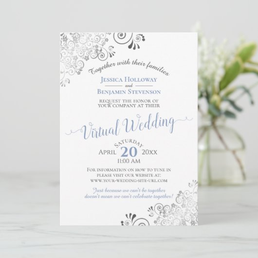 Lacy Silver Elegant Blue & White Virtual Wedding Kaart (Staand voorkant)