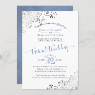 Lacy Silver Elegant Blue & White Virtual Wedding Kaart