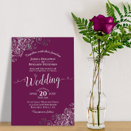 Lacy Silver Elegant Cassis Paarse Magenta Wedding Kaart
