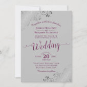 Lacy Silver Elegant Cassis Purple on Gray Wedding Kaart (Voorkant)