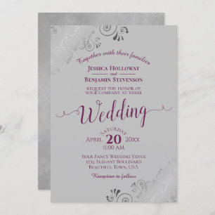 Lacy Silver Elegant Cassis Purple on Gray Wedding Kaart