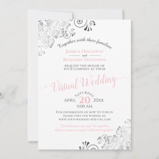 Lacy Silver Elegant Pink & Grey Virtual Wedding Kaart (Voorkant)