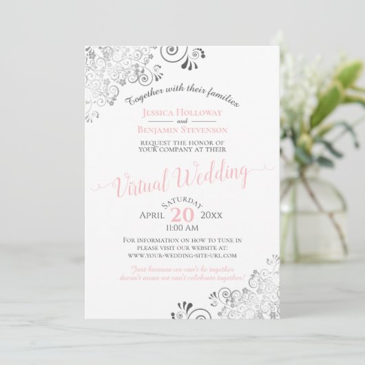 Lacy Silver Elegant Pink & Grey Virtual Wedding Kaart (Staand voorkant)
