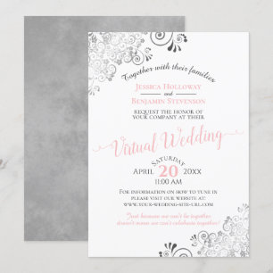 Lacy Silver Elegant Pink & Grey Virtual Wedding Kaart