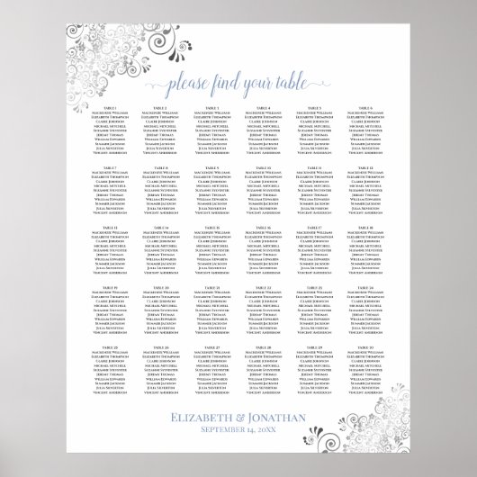 Lacy Silver en Blue 30 tafel-weddenschapstabel Poster (Voorkant)
