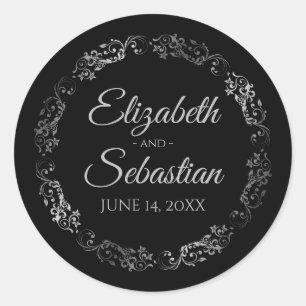 Lacy Silver Filigree Elegant Black Wedding Ronde Sticker