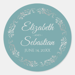 Lacy Silver Filigree Elegant Blauwgroen Wedding Ronde Sticker