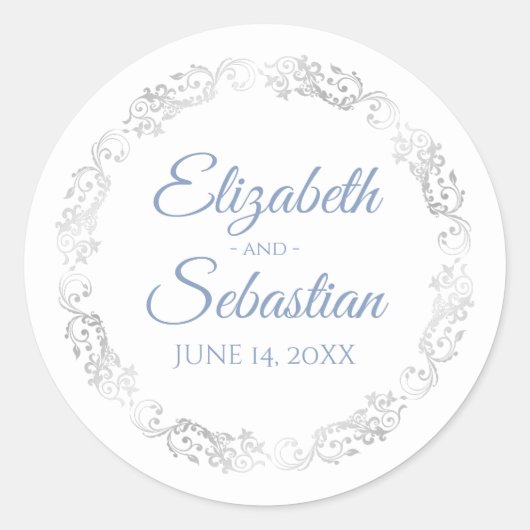 Lacy Silver Filigree Elegant Blue op White Wedding Ronde Sticker (Voorkant)