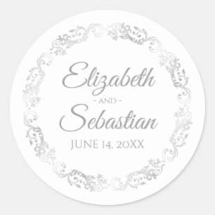 Lacy Silver Filigree Elegant Grey op White Wedding Ronde Sticker