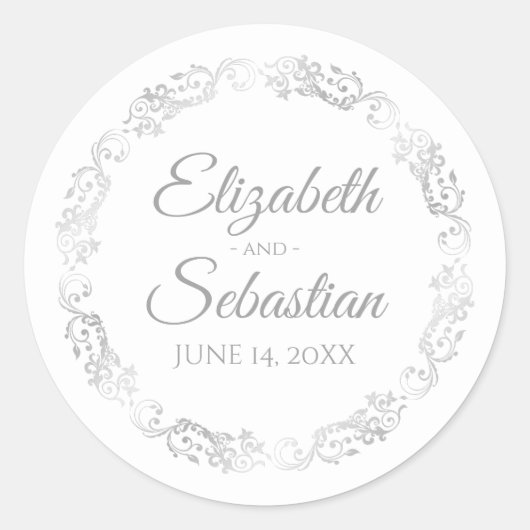 Lacy Silver Filigree Elegant Grey op White Wedding Ronde Sticker (Voorkant)