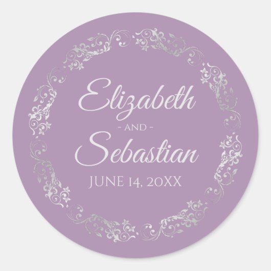 Lacy Silver Filigree Elegant Lavender Wedding Ronde Sticker (Voorkant)