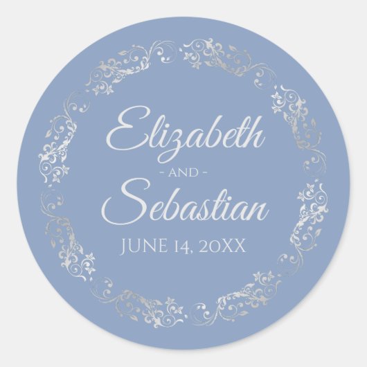 Lacy Silver Filigree Elegant Light Blue Wedding Ronde Sticker (Voorkant)