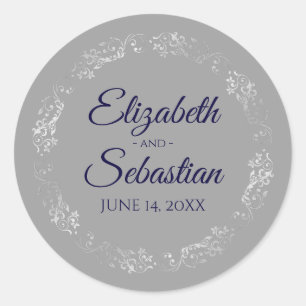 Lacy Silver Filigree Elegant Navy on Gray Wedding Ronde Sticker
