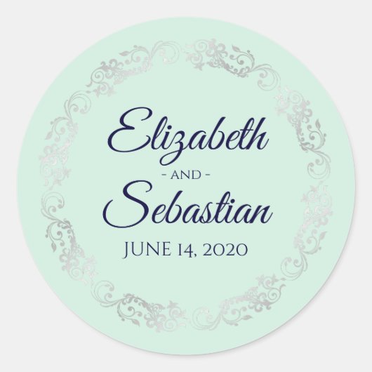 Lacy Silver Filigree Elegant Navy on Mint Wedding Ronde Sticker (Voorkant)
