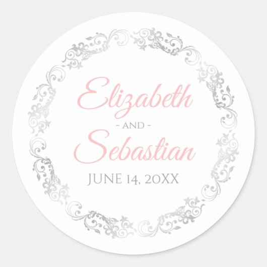 Lacy Silver Filigree Elegant Pink over het witte h Ronde Sticker (Voorkant)