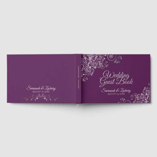 Lacy Silver Filigree Elegant Plum Purple Wedding Gastenboek (Volledig)