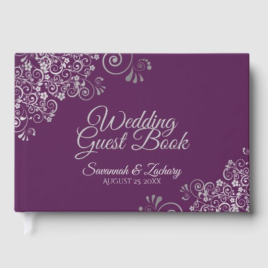 Lacy Silver Filigree Elegant Plum Purple Wedding Gastenboek (Voorkant)