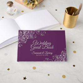 Lacy Silver Filigree Elegant Plum Purple Wedding Gastenboek