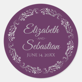 Lacy Silver Filigree Elegant Plum Purple Wedding Ronde Sticker