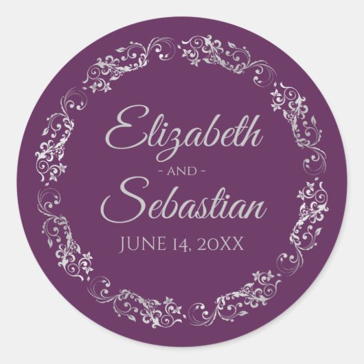 Lacy Silver Filigree Elegant Plum Purple Wedding Ronde Sticker (Voorkant)