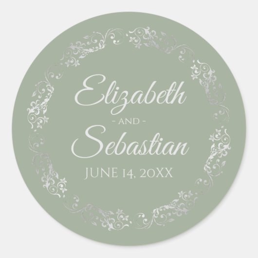 Lacy Silver Filigree Elegant Sage Green Wedding Ronde Sticker (Voorkant)