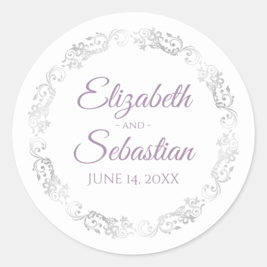 Lacy Silver Frills Elegant Lavender White Wedding Ronde Sticker (Voorkant)