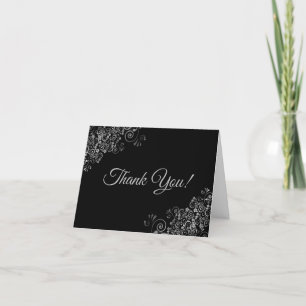 Lacy Silver Frills Elegante Zwarte Trouwfoto Bedankkaart