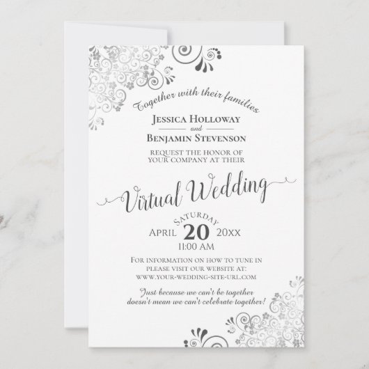 Lacy Silver Grey & White elegant Virtual Wedding Kaart (Voorkant)