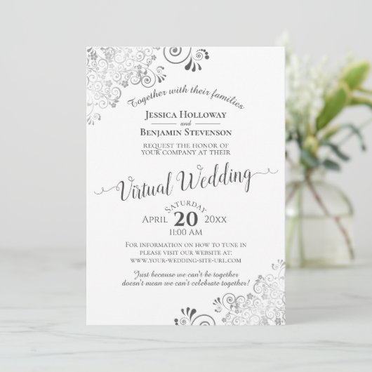 Lacy Silver Grey & White elegant Virtual Wedding Kaart (Staand voorkant)