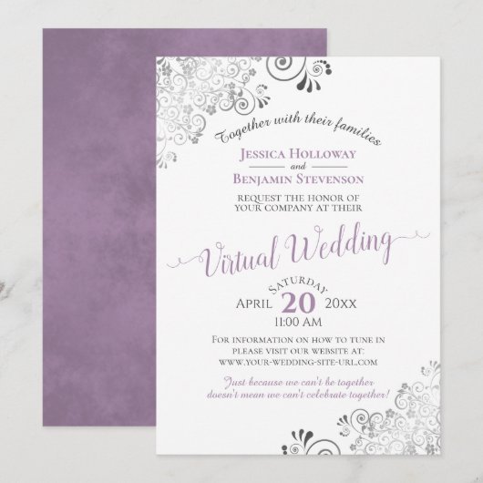 Lacy Silver Lavender & White Virtual Wedding Kaart (Voorkant / Achterkant)