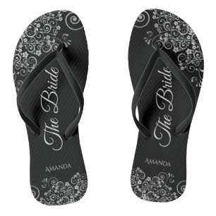 Lacy Silver op zwart Elegant De bruid bruiloft Teenslippers