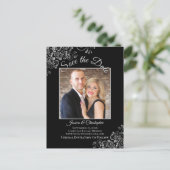 Lacy Silver op Zwarte Trouwfoto Save the Date Aankondigingskaart (Staand voorkant)