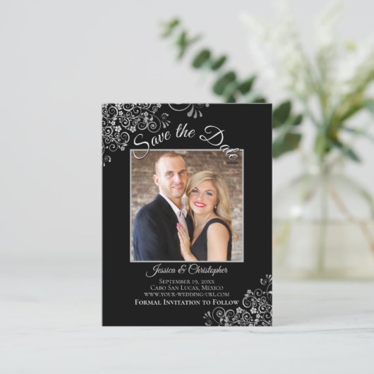 Lacy Silver op Zwarte Trouwfoto Save the Date Aankondigingskaart (Staand voorkant)