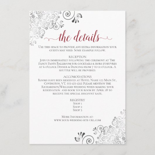 Lacy Silver Red Calligraphy White Wedding Details Informatiekaartje (Voorkant)