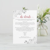 Lacy Silver Red Calligraphy White Wedding Details Informatiekaartje (Staand voorkant)