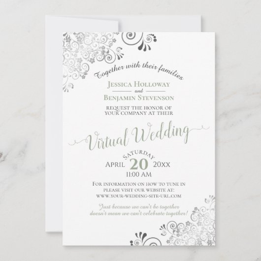 Lacy Silver Sage Green & White Virtual Wedding Kaart (Voorkant)