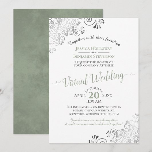 Lacy Silver Sage Green & White Virtual Wedding Kaart (Voorkant / Achterkant)