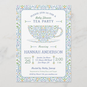 Lacy Teacup Baby shower Blue Tea Party Invitation Kaart