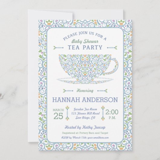 Lacy Teacup Baby shower Blue Tea Party Uitnodiging (Voorkant)