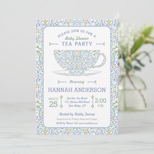 Lacy Teacup Baby shower Blue Tea Party Uitnodiging (Staand voorkant)