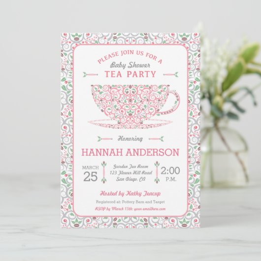 Lacy Teacup Baby shower Roze Tea Party Uitnodiging (Staand voorkant)