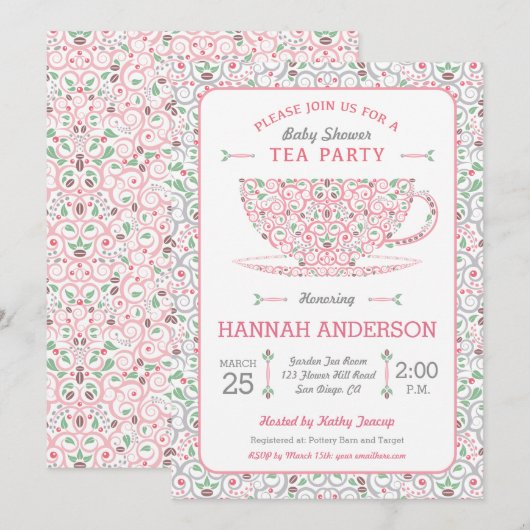 Lacy Teacup Baby shower Roze Tea Party Uitnodiging (Voorkant / Achterkant)