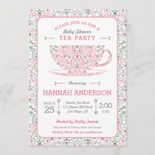 Lacy Teacup Baby shower Roze Tea Party Uitnodiging