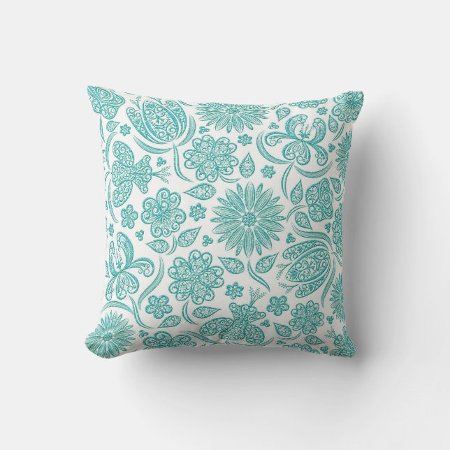 Lacy Teal Aqua Bloem Motief Kussen (Voorkant)